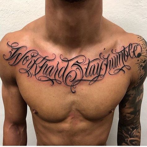 Chest Tattoo Script, Chest Tattoo Text, Tattoo Writing Designs, Chest Tattoo Writing, Chest Tattoo Words, Chest Tattoo Fonts, Chest Tattoo Lettering, Tattoo Peito, Humble Tattoo