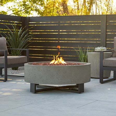 Real Flame 16.25" H x 40" W Concrete Propane Outdoor Fire Pit Table | Wayfair Round Propane Fire Pit Table, Round Gas Fire Pit, Propane Firepits Backyard Ideas, Ojai Landscaping, Outdoor Gas Fire Pit Ideas, Small Gas Fire Pit, Modern Outdoor Fire Pit, Round Concrete Fire Pit, Patio Fire Table