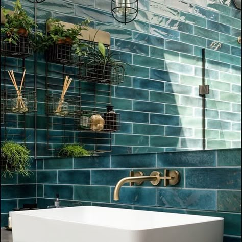 Illumina Marine Wall Tiles 7.5x30cm Emerald Wall, Island Kitchens, Green Tile Bathroom, Teal Bathroom, Bilik Air, Kitchens Ideas, Bad Inspiration, Decorating Kitchen, Downstairs Toilet