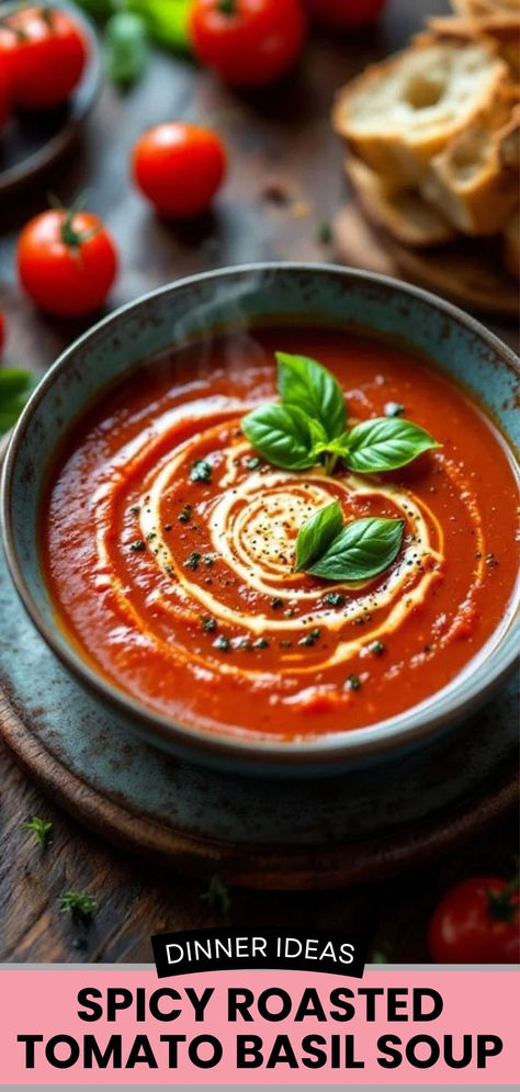 Feeling chilly? Warm up with our Spicy Roasted Tomato Basil Soup! 🍅🔥 This comforting dish features the rich flavor of roasted tomatoes and the aromatic touch of fresh basil, all blended into a creamy delight. It's the perfect balance of sweetness and spice that will leave you satisfied and cozy!  #SpicyTomatoSoup #RoastedTomatoes #HomemadeSoup #ComfortFood #HealthyRecipes #SoupSeason #CreamySoups #VegetarianDishes #TomatoBasil #GardenFresh #EasyDinner #CookingFromScratch #CozyMeals Spicy Tomato Basil Soup, Roasted Tomatoes Soup, Spicy Tomato Soup Recipe, Spicy Tomato Soup, Tomato Bisque Soup, Homemade Soup Recipes, Roasted Tomato Basil Soup, Roasted Tomato Soup, Tomato Bisque