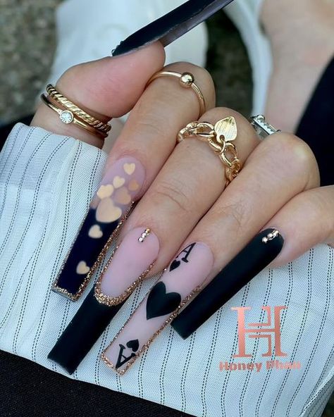 Honey Phan on Instagram: "🖤🖤Happy Friday🖤🖤 🛍Enjoy your Labor Day SALE NOW ON OUR WEBSITE 🛍 ***Asked your local Nail Supplier for our Products*** Products used: Diamond Disco Gel 2, Pro Cover 6, HP002, linework brush, mettalic hearts and matte topcoat @honeysnailsecret Other Products used: XxL non C-Curve coffin tips, Acrylic Brush #16, EMA monomers. Available for purchased at location: 1. Honey Nail Supply 6676 Arlington Blvd Falls Church VA 22042 2. For pick up ONLY 2200 Norcross Pwk #245 777 Nails, Fake Acrylic Nails, Special Nails, Nails Design With Rhinestones, Coffin Press On Nails, Long Acrylic Nails Coffin, Nail Art Kit, Dope Nails, Nail Arts