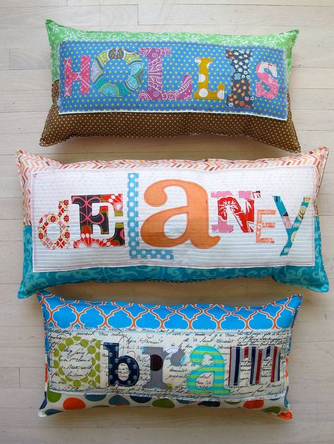 name pillows Name Pillows Diy, Applique Name Pillow, Name Pillows, Picture Walls, Embellished Pillows, Word Pillow, Quilted Pillow Covers, Applique Pillows, Memory Quilt