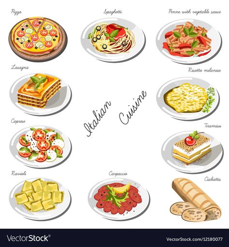 Animation Food, Education Drawing, Food Lessons, Italian Cuisine Recipe, Famous Food, Around The World Food, Traditional Italian Dishes, Food Vector, Italian Recipes Traditional