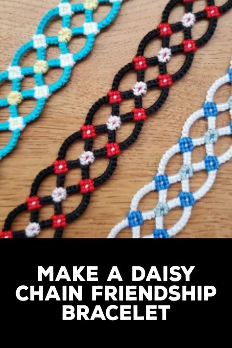 How to Make a Daisy Chain Friendship Bracelet Daisy Chain Friendship Bracelet, Chain Friendship Bracelet, Friendship Bracelets Patterns, Diy Crafts To Do At Home, Daisy Chain Bracelet, Brazilian Bracelet, Overhand Knot, Bff Bracelets, Bracelets Patterns