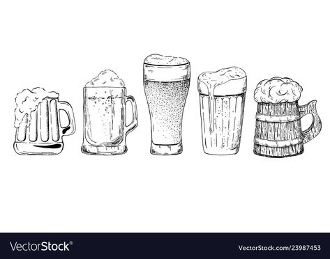 Beer Glass Tattoo, Beer Mug Drawing, Mug Drawing, Beer Glass, Mugs Set, Beer Mug, Creative Market, Beer Glasses, Hand Drawn