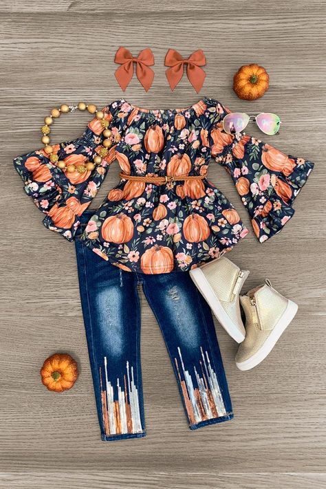 Let your little girl show off her cute style with this Pumpkin Floral Sequin Denim Pant Set. This bell sleeve top features a floral pumpkin print and is paired with matching denim jeans with sequin detailing. Shop this cute fall look today! Mama And 2 Daughters Shirts, Custom Shirts Mom And Daughter, Mom Daughter Matching Dresses Fall, Western Baby Clothes, Bell Sleeves Top, Sparkle In Pink, Floral Pumpkin, Spandex Pants, Baby Style