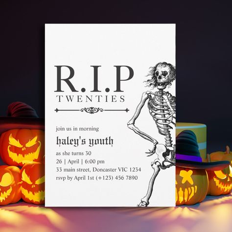 RIP 20s Twenties Funny Skull Funeral 30th Birthday This gothic yet funny design features a long hair skeleton in a funeral theme and Vintage Script typography on a black background. Personalize the invite with your details and if you want to further re-arrange the style and placement of the text, please press the "Click to customize further" button. For more products in the same theme visit my shop: Youtopia Official. Rip My Teenage Years Party, Rip To My 20s Backdrop, Rest In Peace 20s Birthday, Rip 20s Invitation, Rip 20s Birthday Party Invitation, 30th Birthday Invitations, 30th Birthday, Halloween Funny, Funny Design