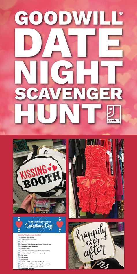 Looking for a #DateNight idea for #ValentinesDay? Try a #GoodwillDate scavenger hunt - check out the blog, grab our handy #checklist and head to your local #Goodwill! ❤️ #Thrift #DateIdeas Valentines Scavenger Hunt For Husband, Goodwill Scavenger Hunt, Goodwill Date Night Challenge, Scavenger Hunt Date Ideas, Thrift Store Scavenger Hunt, Goodwill Date, Date Night Scavenger Hunt, Scavenger Hunt Date, Valentine's Games