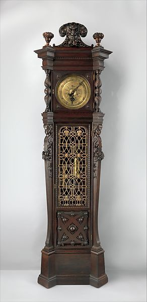 1882 grandfather clock, George A. Schastey & Co, NYC, Tiffany, ebnzd oak, 96t, MET. Antique Grandfather Clock, William Clark, Grandfather Clocks, Unusual Clocks, Newark New Jersey, Artistic Furniture, Time Keeper, Old Clocks, Mantel Clocks