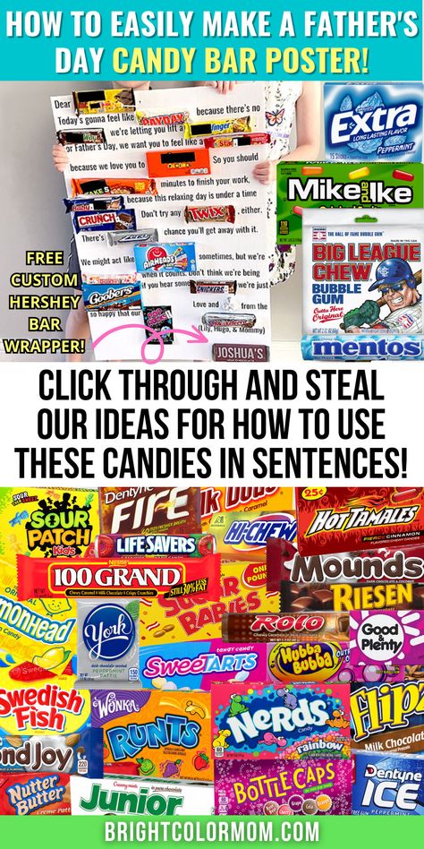 large collage of candy as well as a completed Father's Day candy bar poster and text reading "How to easily make a Father's Day candy bar poster! Click through and steal our ideas for how to use these candies in sentences" Candy Board For Fathers Day, Candy Bar Posters For Father’s Day, Birthday Candy Card Ideas, Candy Bar Posters Valentines Day, Candy Bar Fathers Day Card, Miss You Candy Poster, 80th Birthday Candy Poster, Candy Bar Message Board, Principal Candy Bar Poster