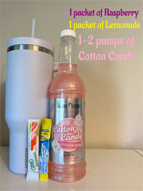 Cotton Candy Syrup Drinks, Cotton Candy Syrup Recipes, Water Recipes With Cotton Candy Syrup, Water Flavor Recipes, Cotton Candy Lemonade, Cotton Candy Water Recipe, Drink Syrup Recipes, Flavored Water Recipes With Syrup And Packets, Cotton Candy Lemonade Recipe