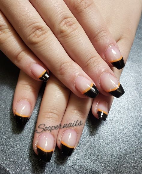 Orange and black french nails Black And Orange Nails French Tip, Black And Orange Tip Nails, Black And Orange French Nails, Black Nails With Orange Tips, Orange And Black French Tip Nails, Black And Orange French Tip Nails, Orange And Black Nails Acrylic, Black And Orange Nail Designs, Halloween French Tip Nails