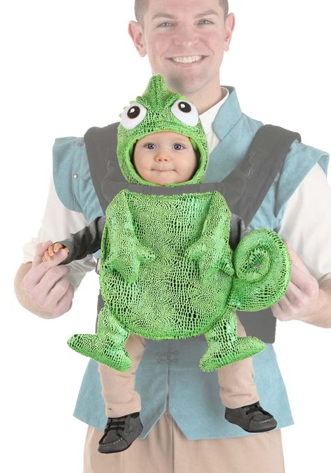 PRICES MAY VARY. Size: Standard 100% polyester Velour and foam fabric cover and headpiece Cover has hook and loop fastener strips to secure to carrier Headpiece has embroidered details, hook and loop fastener under the chin Your little one can join a lost princess and a dashing thief on the adventure of a lifetime, thanks to this officially licensed, exclusive Disney Tangled Pascal Baby Carrier Costume Cover! The stuffed cover fits most standard carriers and is made of soft green fabric patterne Baby Carrier Costume, Green Chameleon, Infant Halloween, Old Halloween Costumes, Crochet Baby Costumes, Baby Carrier Cover, Fun Costumes, Baby Halloween Outfits, Easy Costume