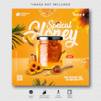 Honey Banner Design, Honey Advertising Poster, Honey Background Design, Honey Design Ideas, Honey Products Ideas, Honey Social Media Design, Honey Graphic Design, Bee Poster Design, Honey Creative Ads