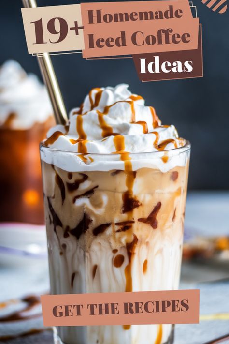 Glass of iced coffee topped with whipped cream and caramel drizzle, promoting homemade coffee recipes. Ninja Ice Coffee Recipes, Javy Coffee Recipes Sugar Free, Iced Coffee At Home Recipes, Homemade Ice Coffee Recipe, Diy Coffee Drinks At Home, At Home Iced Coffee Recipes, Specialty Coffee Recipes, Iced Coffee Ideas, Diy Iced Coffee Recipes