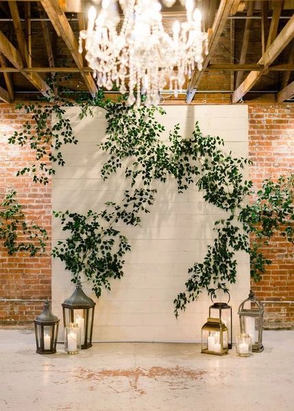 Romantic Greenery Wedding, Greenery Wedding Ceremony, Industrial Wedding Decor, Candle Lit Wedding, Industrial Wedding Venues, Wedding Ceremony Backdrop, Budget Home, Ceremony Backdrop, Wedding Mood Board