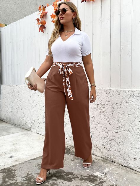 Brown Elegant   Polyester Graphic Wide Leg Embellished Non-Stretch Spring/Summer/Fall Plus Size Bottoms Plus Size Wide Leg Pants, Work Outfits Frauen, Summer Outfits Women Over 40, Orange Pants, Office Casual Outfit, Professional Outfits Women, Business Casual Outfits For Women, Business Casual Outfits For Work, Summer Work Outfits