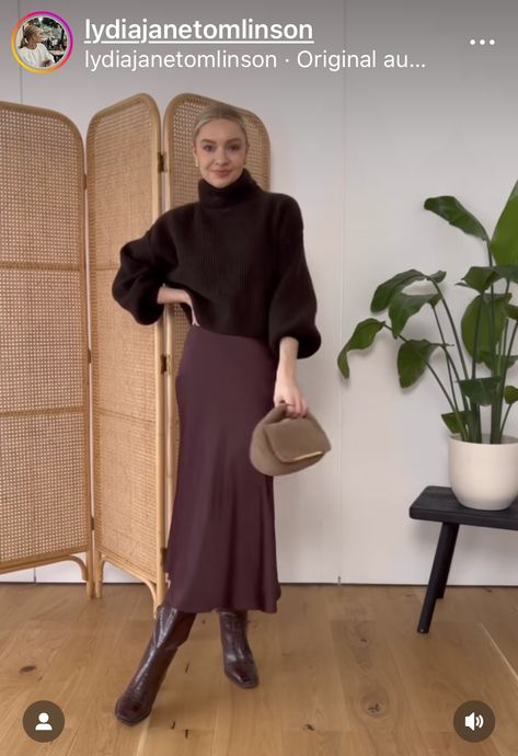 Fall 2024 Burgundy Outfits, Dark Brown Monochrome Outfit, Silk Skirt And Boots, Tan Slip Skirt Outfit, Blush Satin Skirt Outfit, Brown Satin Maxi Skirt Outfit, Maroon Slip Skirt Outfit, Brown Satin Skirt Outfit Winter, Burgundy Brown Outfit