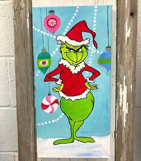 Grinch Painting, Paintings Christmas, Diy Christmas Canvas, Signs Youre In Love, Christmas Window Painting, Holiday Canvas, Christmas Canvas Art, Christmas Yard Art, Christmas Paintings On Canvas