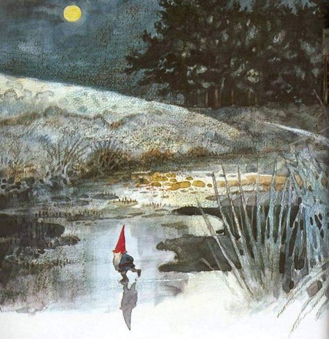 First Skater 1980 Rien Poortvliet (1932-1995) Dutch No fancy clothes, no ice dance moves, no one cheering him on. This sweet little chap is enjoying skating on a quiet lake by himself. He's one of the artist's Four Seasons gnomes and appears on vintage plates and gnome books. Dutch Painters, Fairytale Art, Winter Art, Arte Fantasy, Fairy Houses, Malbec, Whimsical Art, Graphic Artist, Christmas Art