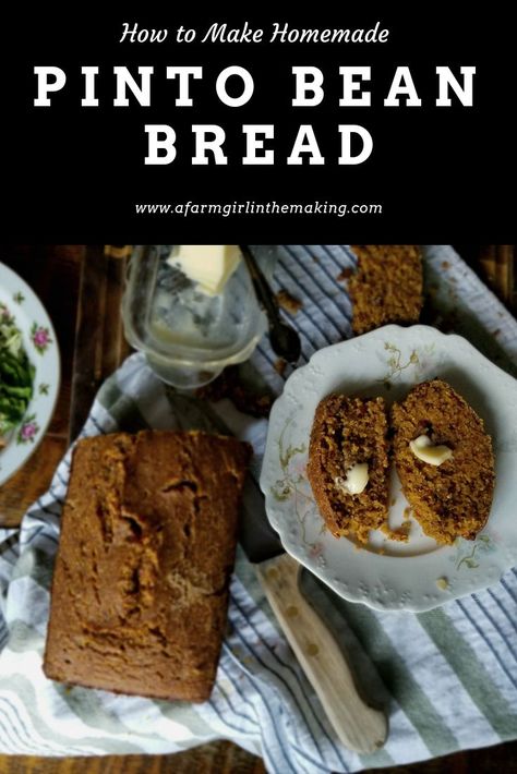 Pinto bean bread can easily be made in minutes using a handful of ingredients from the pantry. Though this recipe is called a bread it is in fact a loaf; similar in texture to banana bread but a much heartier option. Feel free to partner this recipe with a salad, soup, a meat option, or consumed with homemade butter and honey. #pintobeans #bread #beanbread Bean Bread Recipes, Pinto Bean Cakes Recipe, Bean Bread, Yeast Baking, Canned Applesauce, Homemade Corned Beef, Food Combos, Bread Machines, Homemade Beans