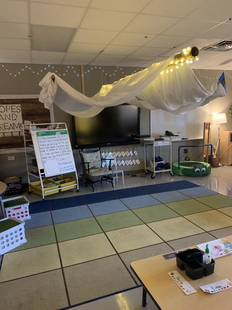 reggio emilia inspired kindergarten carpet area Canopy Classroom, Classroom Canopy, Classroom Carpet Area, Calming Lights, Reggio Emilia Preschool, Classroom Carpet, White Hanging Light, Classroom Carpets, Reception Class