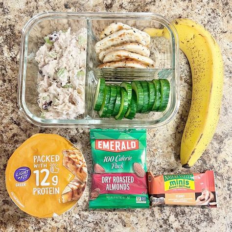 Toni on Instagram: "Keeping it simple for today’s #lunchbox 🙂! Lunch is cranberry almond chicken salad, @stonefirenaan everything naan dippers, cucumbers, and @lightandfit caramel apple pie Greek yogurt (527 calories). Snack options are @emeraldnuts almonds, a banana, and a mini @nature_valley bar (100 calories). . . . . . . . . . . . . #lunchtime #whatsforlunch #teacher #teacherlife #teachersofinstagram #teachersfollowteachers #schoollunch #balanceddiet #healthydiet #balancedmeals #healthymeal Naan Dippers Lunch Ideas, Mini Naan Lunch Ideas, Naan Dippers, Cranberry Almond Chicken Salad, Almond Chicken Salad, Mini Naan, Work Breakfast, Almond Chicken, Cranberry Almond