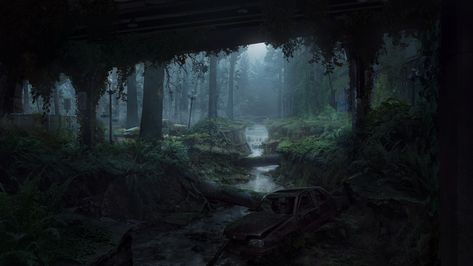 ArtStation - The Last of Us 2 (Underpass), Raymond Chen Forest Games, Twilight Moon, Apocalypse World, Last Of Us Part 2, Apocalypse Aesthetic, Apocalypse Art, Game Environment, The Future Is Now, Matte Painting