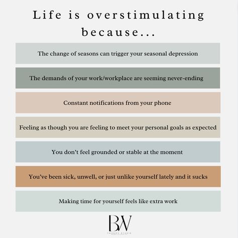 ✨LIFE IS OVERSTIMULATING BECAUSE...✨ Navigating this world can sometimes feel like you’re caught in an endless cycle of overwhelm and overstimulation. The pressure to keep up with society’s standards can leave us feeling drained, forgetting to prioritize self-care amongst the chaos. But remember, it's okay to not be okay. We are all learning, growing, and trying our best in this crowded space. Unplug, breathe, and take care of yourself today. You’re not alone in this journey. Follow Cognitive Overload, Ocd Therapy, Mental Health Clinic, Individual Therapy, Feeling Drained, Highly Sensitive People, Emotional Freedom, Life Transitions, Todo List