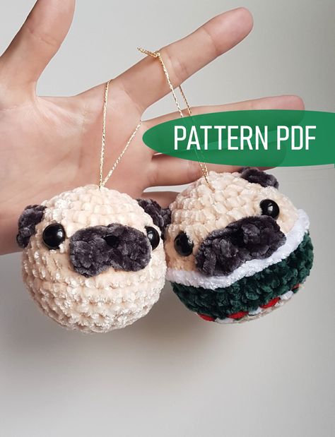 Pug Crochet Pattern Free, Pug Ornaments, Dog In Sweater, Crochet Pug, Christmas Tree Applique, Ornament Crochet Pattern, Crochet Dogs, Tree Applique, Ornament Crochet