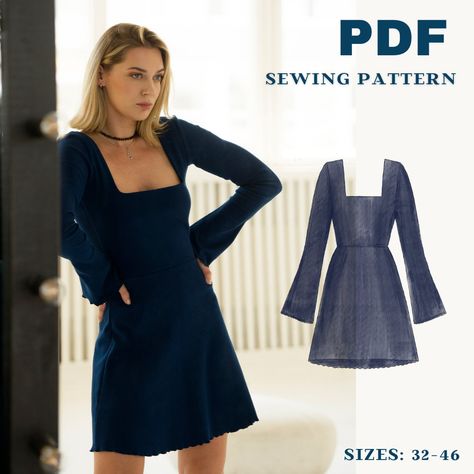 A line dress with wide sleeves and square neck pdf sewing pattern, simple dress sewing pattern, short dress patterns for beginners Crochet Neck Line Pattern, Free Sewing Patterns Dress Women, Long Sleeve Mini Dress Pattern, Casual Dress Patterns Sewing Simple, Pretty Dress Sewing Patterns, Reformation Dress Pattern, Short A Line Dresses, Long Sleeve Mini Dress Sewing Pattern, Wedding Guest Dress Pattern Sewing