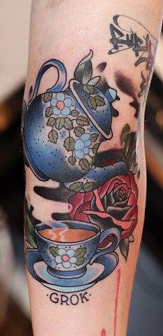 Kitty Dearest . Tattoo Artist - Grok Tea Set by Kitty Dearest Teapot Tattoo, Tea Tattoo, Teacup Tattoo, Vintage Flower Tattoo, Cup Tattoo, Wonderland Tattoo, Lotus Tattoo, Girly Tattoos, Feminine Tattoos