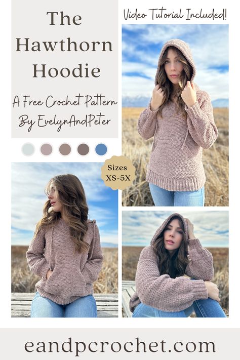 Simple Crochet Hoodie, Crocheted Hoodie Pattern Free, Hawthorne Hoodie Crochet, Free Hoodie Crochet Pattern, Crochet Pullover Hoodie, Knit Hoodie Pattern Free Women, Long Hooded Cape Crochet Pattern Free, Free Crochet Patterns Women, Free Crochet Patterns Using Size 3 Yarn