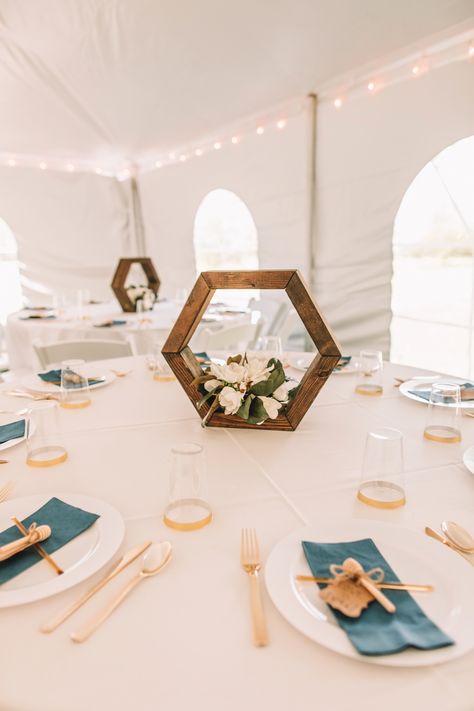 Hannah and Ryan Welton - Kristin Brown Photography Hexagon Wedding Table, Wedding Hexagon Centerpieces, Hexagon Centerpiece Wedding, Lake Wedding Centerpieces, Hexagon Wedding Decor, Hexagon Wedding Centerpieces, Beach Centerpiece Wedding, Cheap Centerpieces Wedding, Cheap Wedding Centerpieces Diy