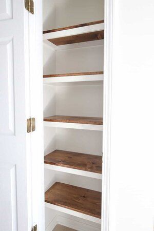 Small Pantry Wood Shelving Ideas, Small Kitchen Pantry Shelving Ideas, Make A Pantry Out Of A Closet, Hall Closet Shelves, Small Pantry Design Layout, Small Closet Shelving Ideas, Wood Pantry Shelves, Build Pantry, Closet Shelving Ideas