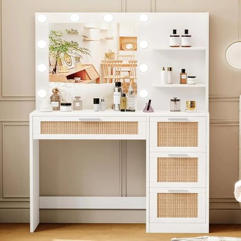 Elevate Your Beauty Routine with Our Makeup Vanity Table! 💄✨ Transform your space into a personal beauty haven with our elegant Makeup Vanity Table featuring a Lighted Mirror. Perfect for those who cherish their self-care rituals, this vanity offers: ✨ 360° LED Lighting: Enjoy flawless lighting from every angle, ensuring your makeup is always on point. ✨ Ample Storage: Keep your beauty essentials organized with spacious drawers and compartments. ✨ Sleek Design: A chic and modern addition ... Cute Vanity Ideas, Boho Vanity, Countertop Shelves, Vanity Inspo, Mirror Makeup Vanity, Makeup Vanity Storage, Makeup Vanity Table, Makeup Vanity Desk, Tools Bag