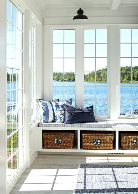 Sunroom storage Storage With Baskets, Sunroom Storage, Sunroom Decorating Ideas, Organizing Storage, Ideas For Storage, Sunroom Furniture, Sunroom Decorating, House Family, Midwest Living