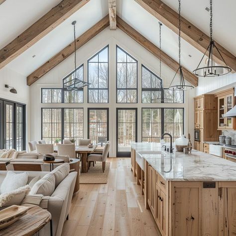 Barndo & Co (@barndoandco) • Instagram photos and videos Barndominium Design Ideas, Ranch Style Interior, Aesthetics House, Open Living Room And Kitchen, Cabin Great Room, Farmhouse Decoration Ideas, Vaulted Ceiling Kitchen, Diy Farmhouse Ideas, Barndominium Interior