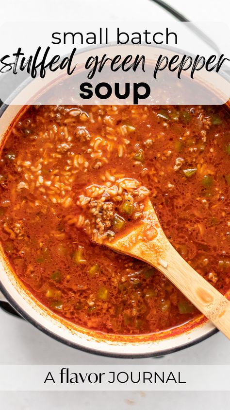 An “unstuffed” pepper soup recipe, if you will. 🙂 This small batch stuffed pepper soup recipe makes 1 1/2 quarts, and tastes even better as leftovers! I love to use lean ground beef, onion, green bell pepper, seasonings, beef broth, tomato sauce, and cooked rice for this soup recipe. #stuffedpeppersoup #soupfortwo #greenpeppersoup #smallbatchrecipes #souprecipes Unstuffed Pepper Soup, Stuffed Green Pepper Soup, Stuffed Pepper Soup Crockpot, Green Bell Pepper Recipes, Stuffed Green Pepper, Stuffed Pepper Soup Recipe, Green Pepper Soup, Green Pepper Recipes, Pepper Soup Recipe