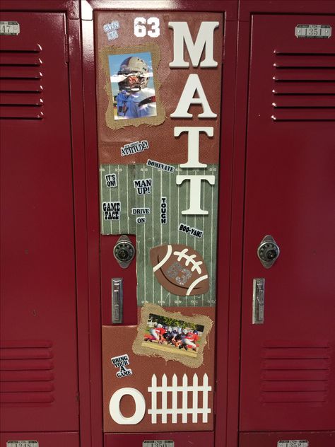 Football Locker Decorations Covered foam core board attached with magnets Locker Decorations For Football Players, Homecoming Locker Decorations, Decorate Football Locker Ideas, Decorating Football Lockers, Homecoming Locker Decorations Football, Decorating Football Locker Rooms, Homecoming Locker Room Decorations Football, Football Locker Decorations High School, Senior Locker Decorations Ideas