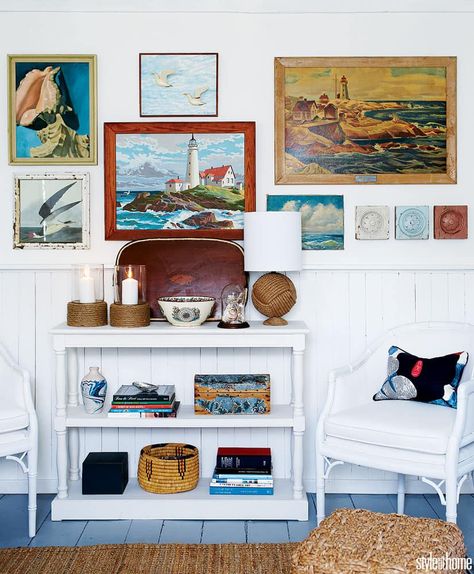 Interior: Charming coastal cottage | Style at Home Nautical Interior, Brown Couch Living Room, Coastal Cottage Style, Maine Cottage, Water Birds, Modern Sofa Designs, Ocean Air, Cottage Interior, Seaside Cottage