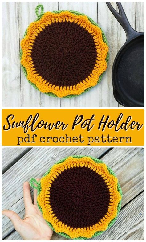 Sunflower pot holder crochet pattern. Perfect for fall decor! I love sunflowers! #crochetpattern #crochet #potholder #homedecor #yarn #crafts #diycrafts Sunflower Pot Holder, Pot Holder Crochet Pattern, Pot Holder Crochet, Sunflower Pot, Crochet Sunflowers, Crochet Pot Holders Free Pattern, Scarf Diy, Crochet Potholder Patterns, Flowers To Make