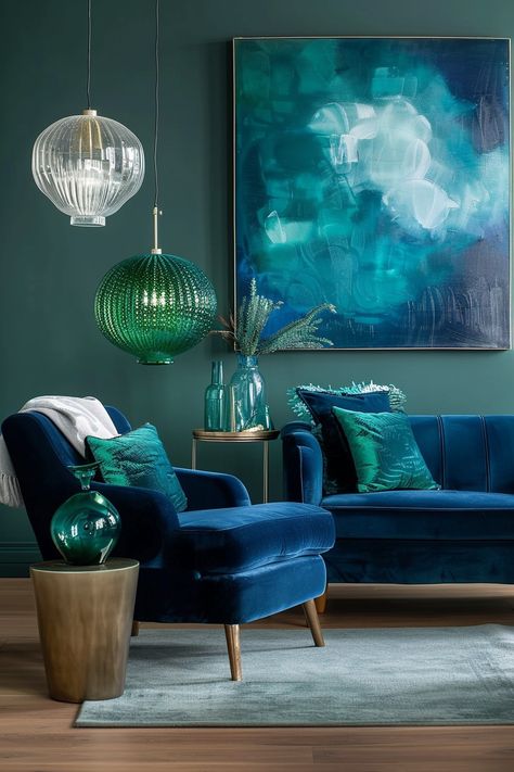 Discover 39+ Ways to Create a Refreshing Blue and Green Living Room Teal Living Room, Blue Upholstered Chair, Navy Blue Furniture, Blue Sofa Living, Teal Living Room Decor, Blue And Green Living Room, Mint Green Walls, Teal Living Rooms, Green Living Room