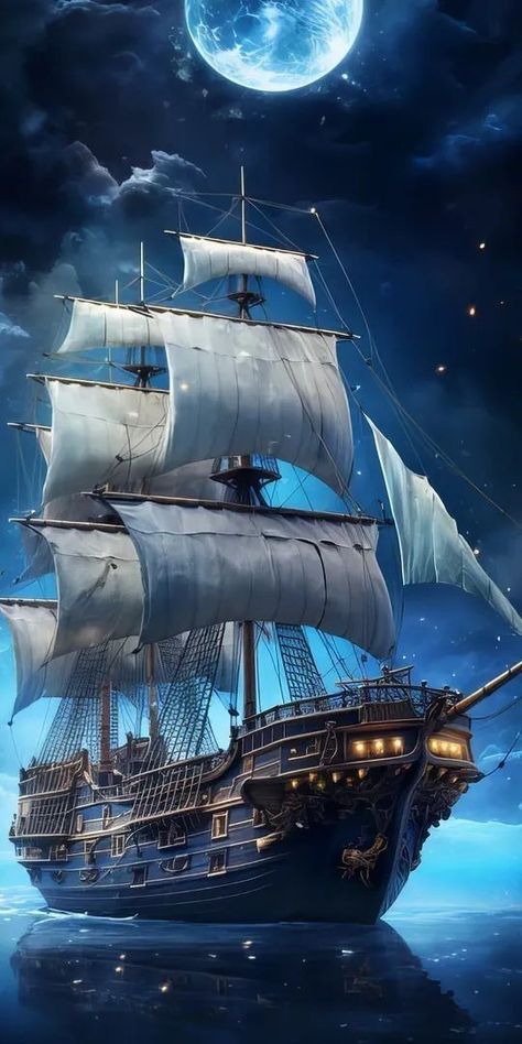 Ship At Night, Ghost Ship Art, Pirate Ship Drawing, Sailboat Photography, Pirate Ship Art, Flying Ship, Old Sailing Ships, Beautiful Scenery Photography, Winter Landscape Painting