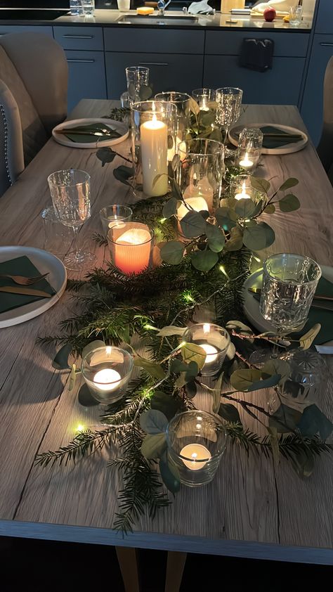 Eucalyptus Christmas Table, Eucalyptus Christmas, Simple Table Decorations, Easy Table, Xmas Table, Trestle Table, Candle Tree, Simple Table, Christmas Table Decorations