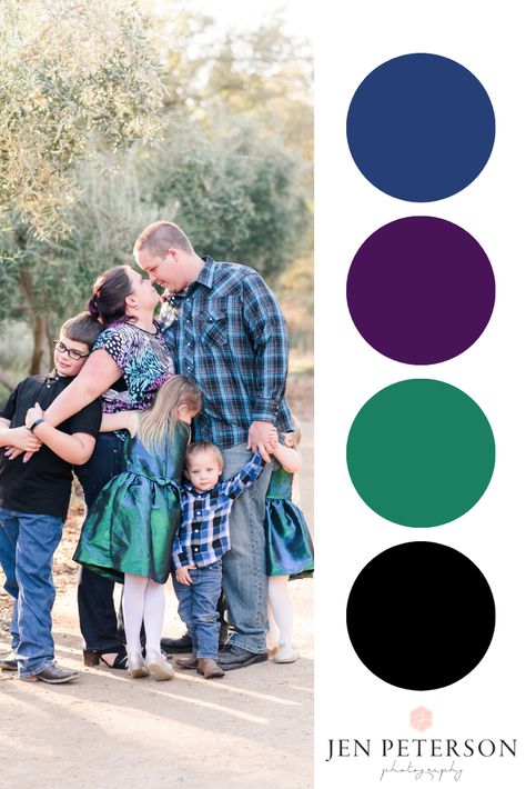 Purple And Blue Family Pictures Outfits, Purple Dress Family Pictures, Blue And Purple Family Photos, Purple Family Pictures Outfits, Purple Family Pictures, Snow Family Pictures, Family Beach Pictures Outfits, Picture Color Schemes, Outdoor Family Pictures