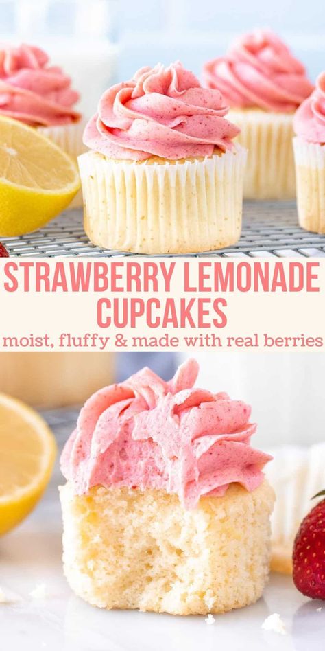 Moist Lemon Cupcakes, Strawberry Lemonade Cupcakes, Delicious Cupcakes Recipes, Lemonade Cupcakes, Strawberry Frosting, Summer Baking, Gourmet Cupcakes, Lemon Cupcakes, Easy Baking Recipes Desserts