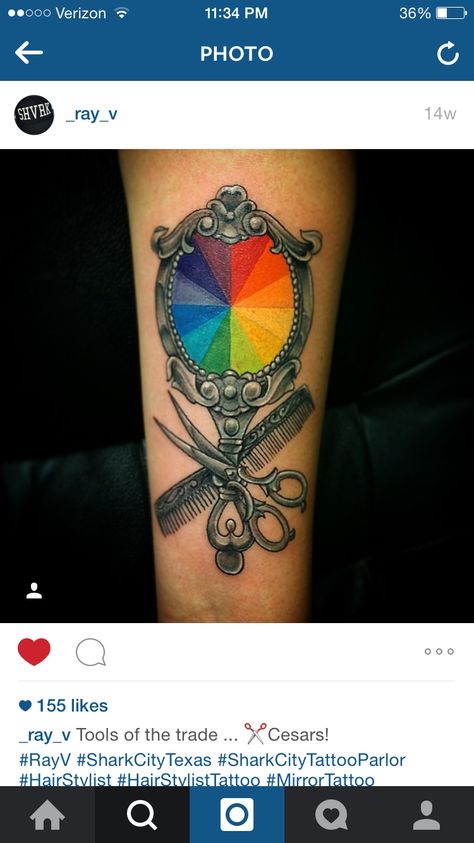 Color wheel idea is awesome Hair Stylist Tattoo Ideas Cosmetology, Color Wheel Tattoo Hairstylist, Hair Stylist Tattoo Ideas, Hair Stylist Tattoo Sleeve, Hairdressing Tattoos, Hair Stylist Tattoo Designs, Cosmetologist Tattoo, Hair Stylist Tattoo, Color Wheel Tattoo