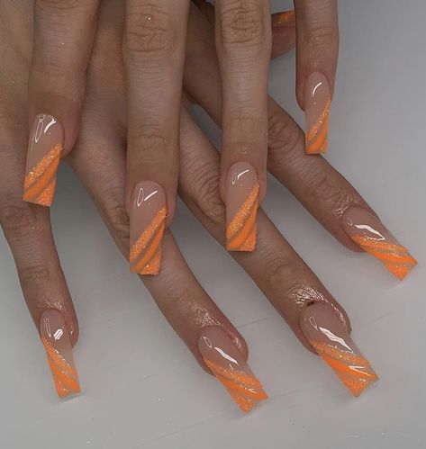 Orange Nails For Prom, Nail Ideas Acrylic Coffin Short, Orange Hoco Nails, Yellow Abstract Nails, Nails Short Orange, Vacay Nails Acrylic, Orange Prom Nails, Nails Acrylic Toes, Orange Nails Acrylic