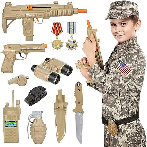 Deluxe Christmas Gift for Kids Boys Aged 3-12 COMPLETE KIDS ARMY SOLDIER COSTUME SET - GIFTINBOX Soldier dress-up role play set includes 1 camouflage uniform, 1 camouflage pants, 1 hat, 1 belt, 1 plastic dagger, 1 pair of binoculars, 1 walkie-talkie, 1 whistle, 1 plastic grenade, and 2 medals. PERFECT HALLOWEEN GIFT FOR KIDS AGED 3-12 Army Soldier Costume, Kids Army Costume, Army Costume, Fancy Dress Competition, Kids Army, Camouflage Uniform, Pretend Play Costumes, Soldier Costume, Military Costumes